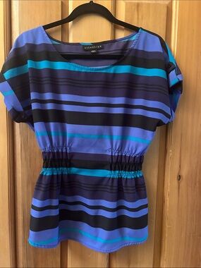 attention Blue & Teal Striped Cinched-Waist Blouse